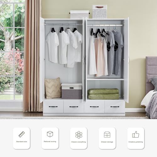 4-Door Wooden Gray Armoire Wardrobe with 3 Drawers for Bedroom Storage M56895