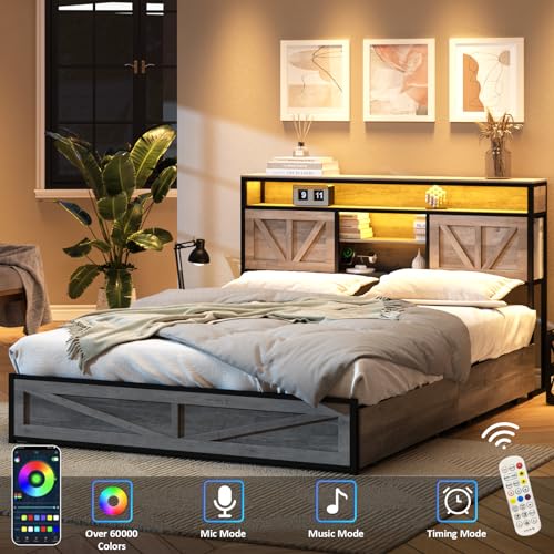 Queen Size Bed Frame with Charging Station, 4 Drawers, LED Light, Farmhouse Platform Bed with Headboard Storage, Wash Grey E20107