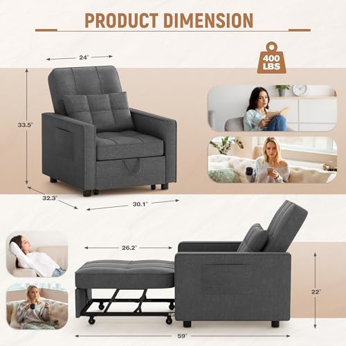 Flamaker Sofa Bed 3-in-1 Adjustable Couch Bed with Modern Linen Fabric, Dark Grey X725