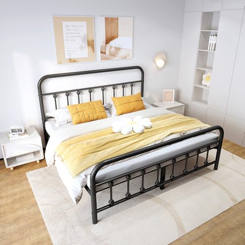 Vengarus Metal Bed Frame Full Size with Headboard, Heavy Duty Steel Slat, Black S383
