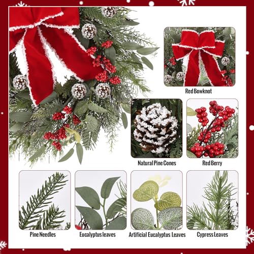 24 Inch Christmas Wreath with Red Ribbon and Pine Cones for Front Door D30392