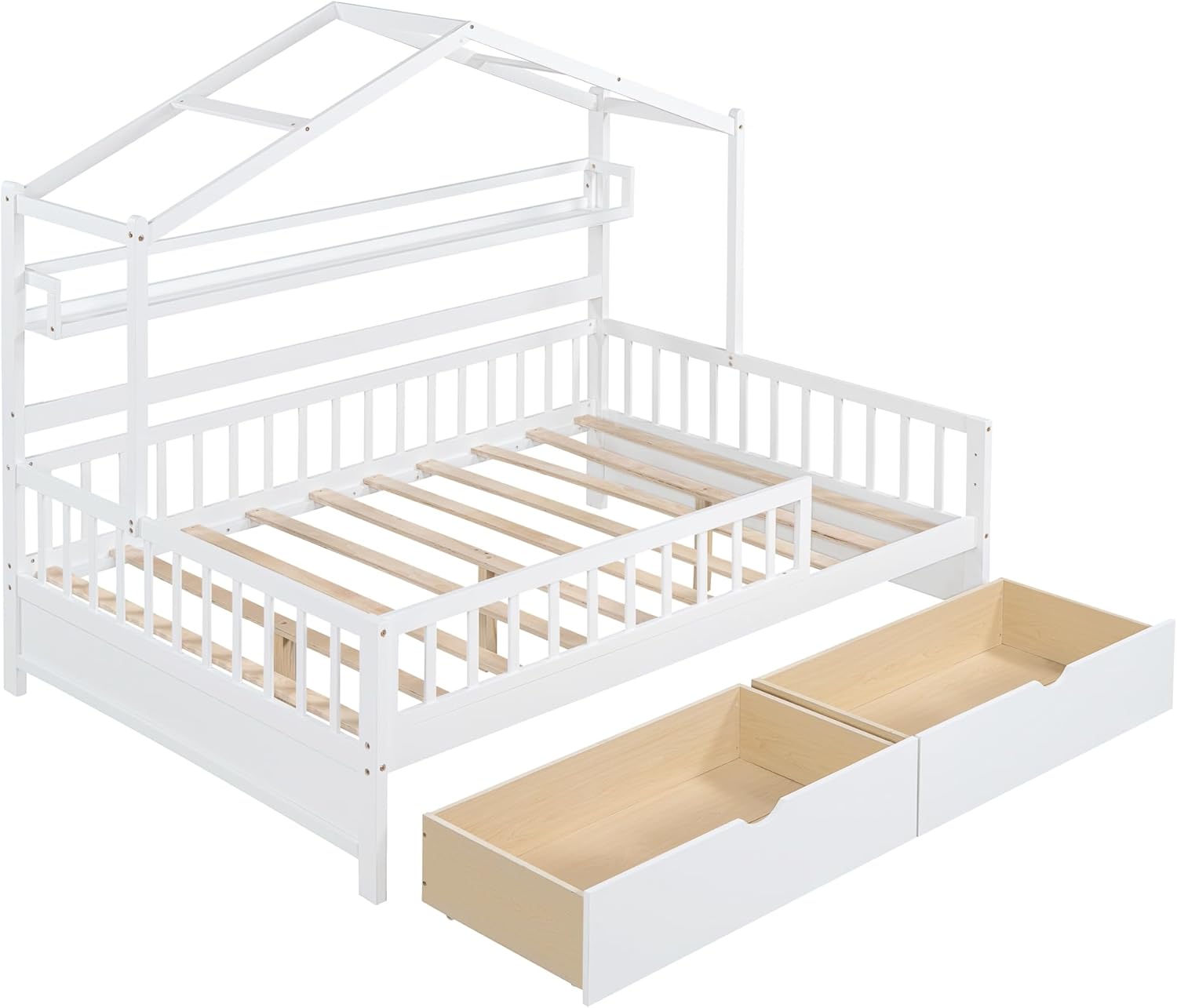 Wooden Full Size House Bed Frame with 2 Drawers and Storage Shelf T40310