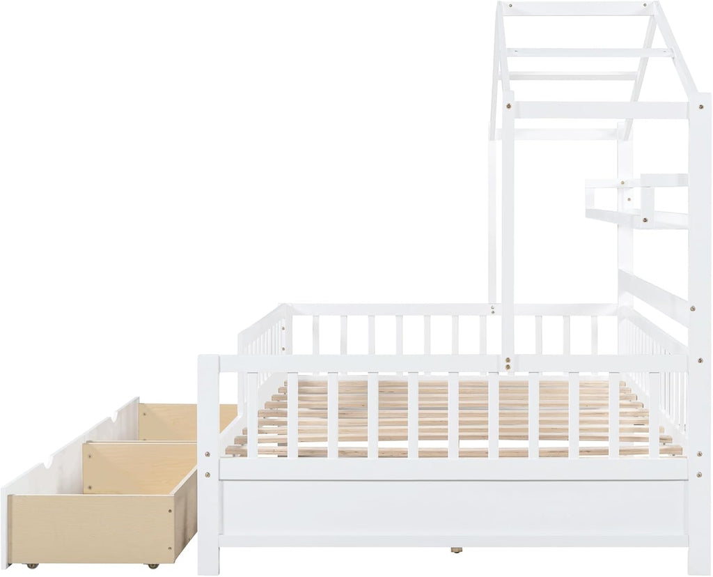 Wooden Full Size House Bed Frame with 2 Drawers and Storage Shelf T40310