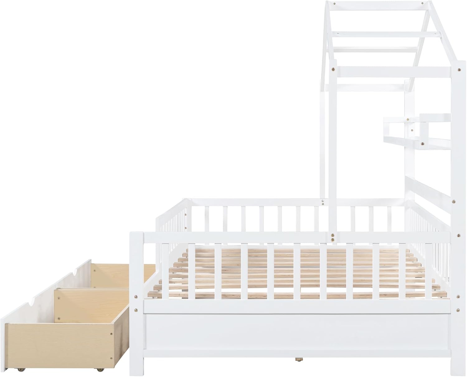 Wooden Full Size House Bed Frame with 2 Drawers and Storage Shelf T40310