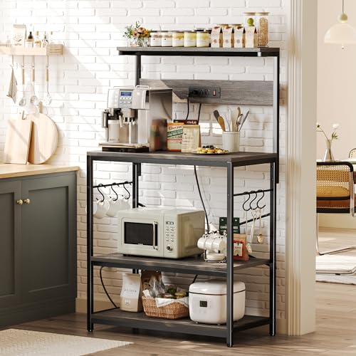 SUPERJARE Kitchen Bakers Rack with Power Outlet, Coffee Bar Table, Rustic Brown W637