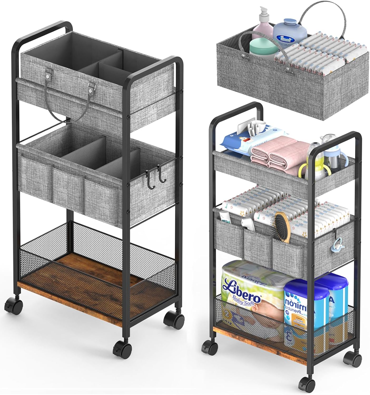 2In1 Baby Diaper Caddy & 3-Tier Rolling Diaper Cart, Diaper Caddy Organizer Cart with Dividers, Metal Detachable Bedside Cart for Baby Nursery Essentials, Large Capacity, Easy to Assemble