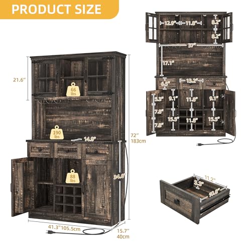 DWVO Coffee Bar Cabinet with Power Outlet and Lights, Farmhouse Pantry Cabinet, Dark Rustic Oak H8447