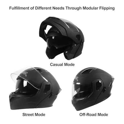 SPARK DOT Modular Flip-Up Dual Visor Motorcycle Helmet (Bright Black, Small) W8778