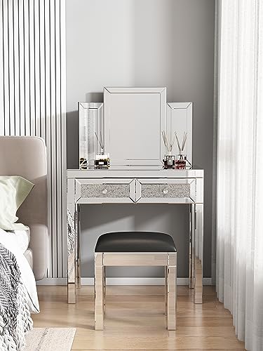 Mirrored Vanity Dressing Table Set with Stool and 2 Drawer Storage D261437