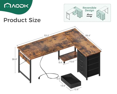 AODK L Shaped Gaming Desk with 4 Drawers, Power Outlets, Black P81263