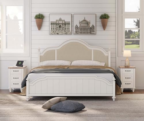 WAMPAT 2 Pack End Table with Charging Station and Storage, White/Oak E6157