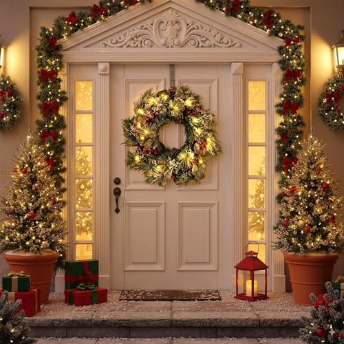 DomeStar 24 Inch Christmas Wreath with Lights, Outdoor Waterproof with Pine Cones C51545