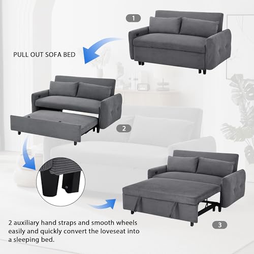 Merax Pull-Out Sofa Bed with Adjustable Backrest, 2 Seat Loveseat, USB Ports, Light Blue S417
