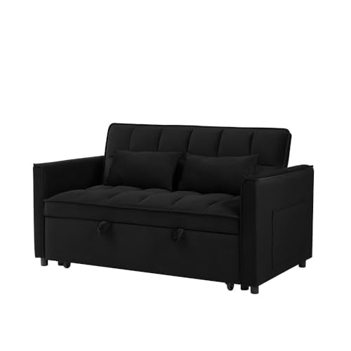 Modern Velvet Convertible Sofa Bed with Adjustable Back and Storage Bag, Blue Double S9157