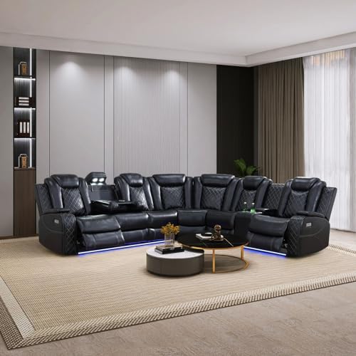 Leather Power Recliner Sectional Sofa with LED, USB Port and Cup Holder G14453