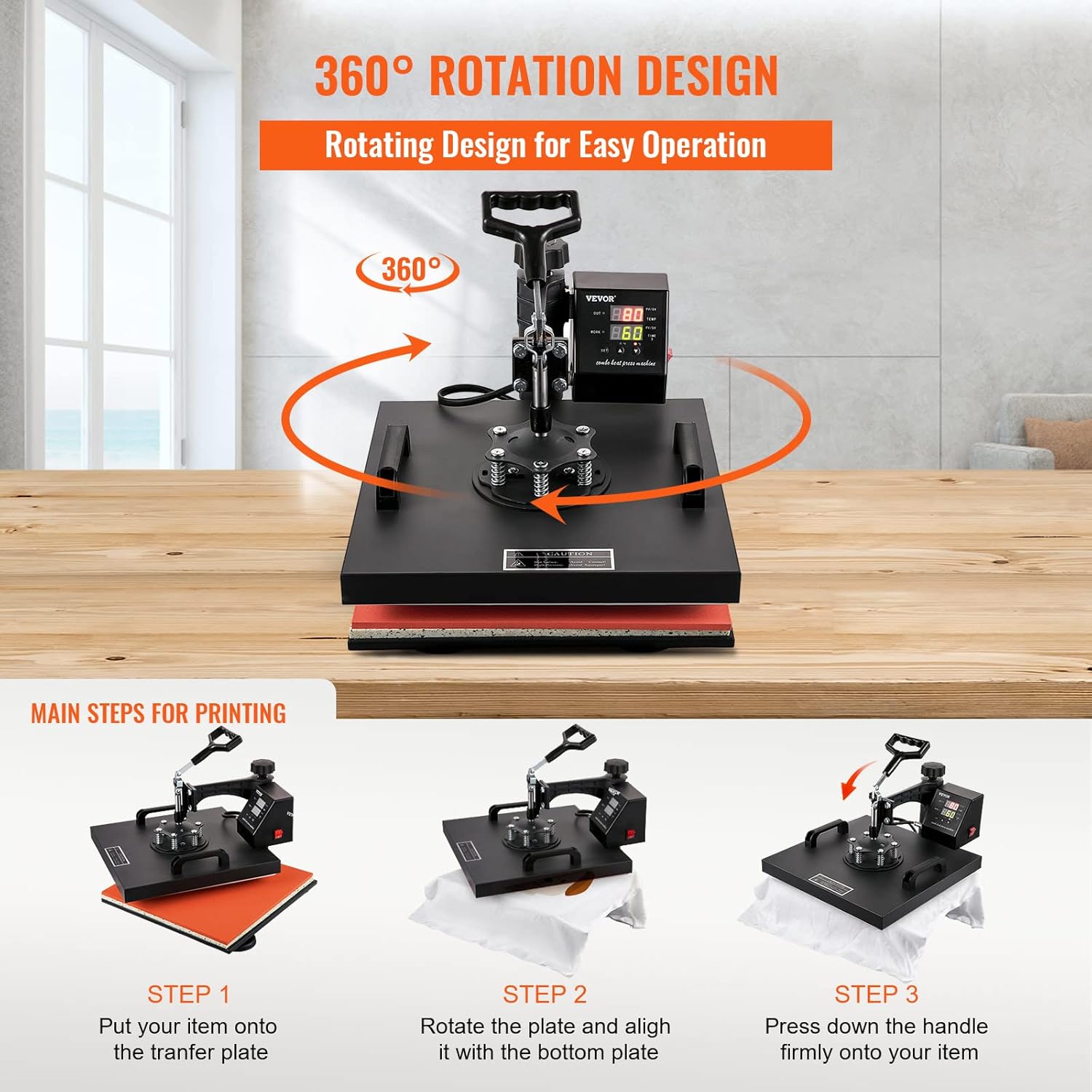 VEVOR 8 in 1 Heat Press Machine 15x15, 360° Swing Away for T Shirts, Hats & Mugs G41798