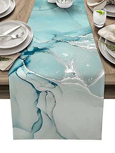 Marble Turquoise Teal Aqua Table Runner 90 Inches Long,Cotton Linen Modern Kitchen Dinner Dining Table Runners Decor Long Dresser Scarf,Burlap Tablerunner for Coffee/Dining/Party/Wedding Table