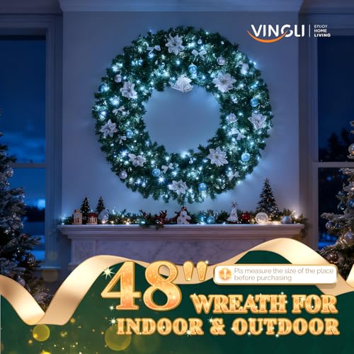 VINGLI 48 Inch Pre-lit Artificial Christmas Wreath with 150 LED Lights T885