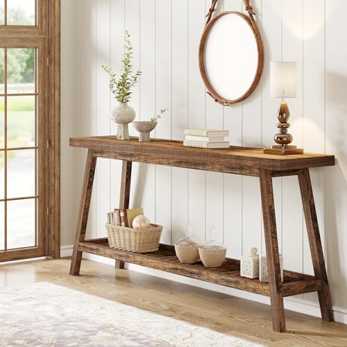 70.9" Extra Long Console Table for Entryway, 2-Tier Narrow Wood Sofa Table, Rustic Brown P32916