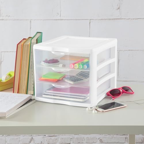 Sterilite 3 Drawer Plastic Desktop Organizer, White Frame, 4-Pack K799