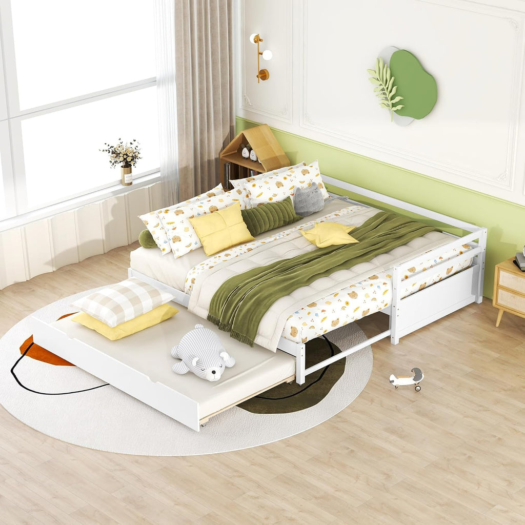 Extendable Daybed with Trundle, Wood Twin to Double Twin Daybed with Pull Out Trundle, Trundle Daybed for Kids Teens, Extending Sofa Bed for Living Room, Bedroom, Guest Room,White