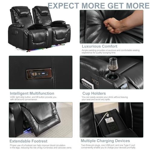 RV Reclining Loveseat with LED Light, USB, Cup Holders, Blue L574