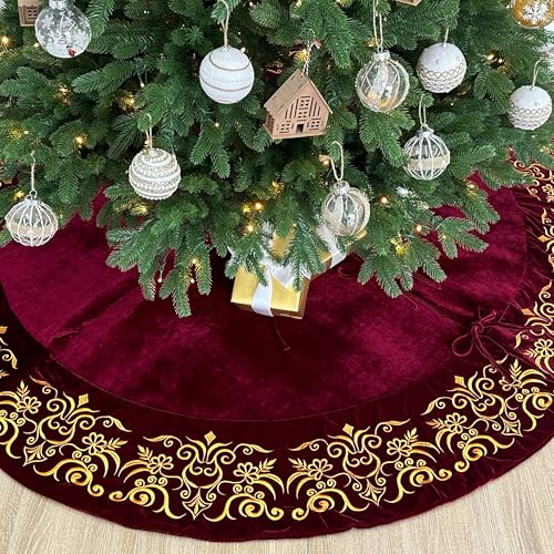 Burgundy Victorian Velvet Christmas Tree Skirt with Gold Damask Embroidery Q6345