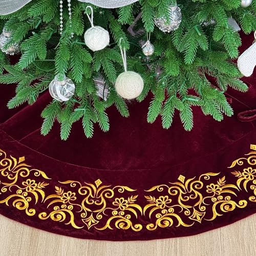 Burgundy Victorian Velvet Christmas Tree Skirt with Gold Damask Embroidery Q6345