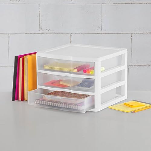 Sterilite 3-Pack Wide 3 Drawer Unit, Plastic Desktop Organizer, White Frame X750
