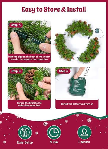24 Inch Prelit Christmas Wreath with LED Lights for Front Door B9710