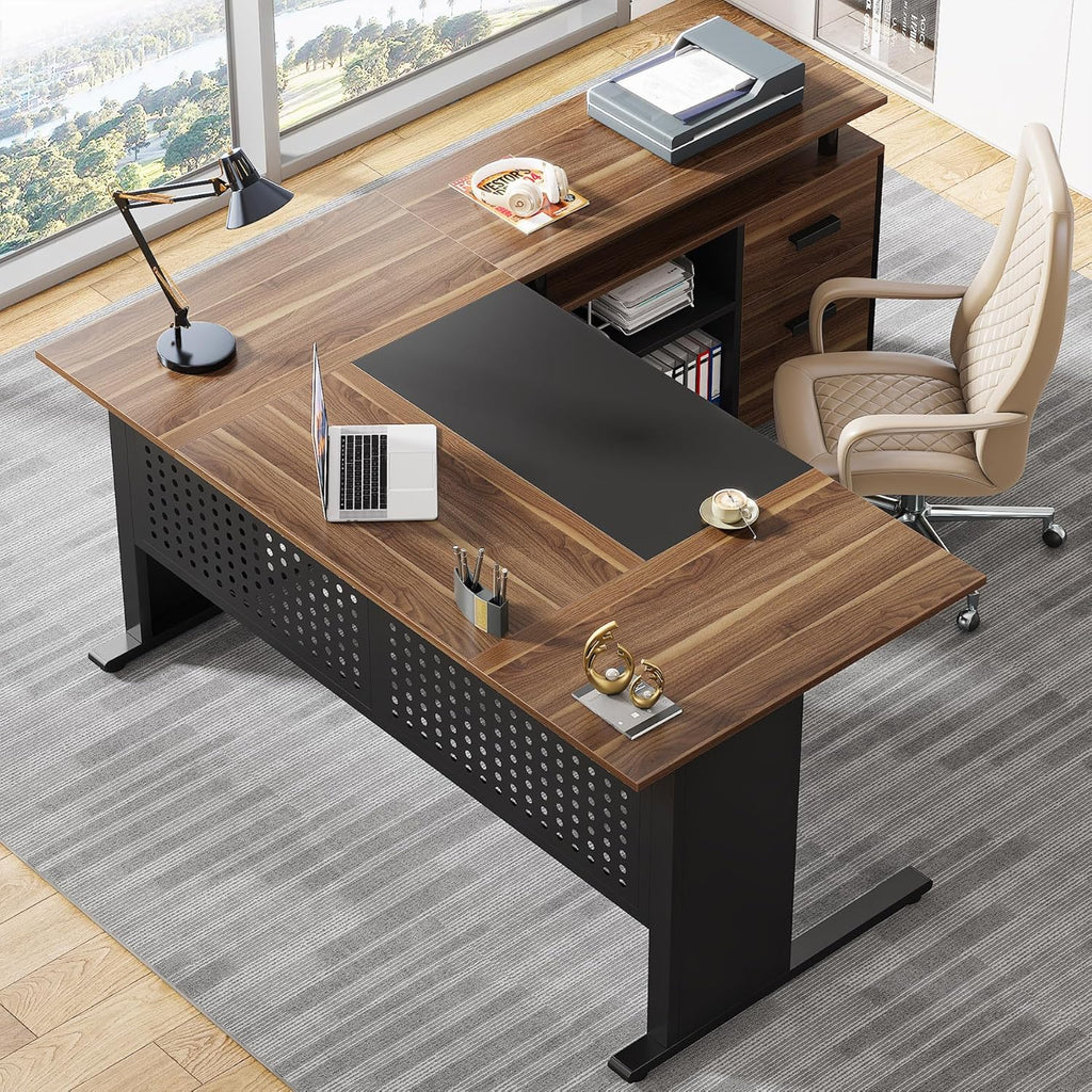 63 Inch L Shaped Executive Computer Desk with File Cabinet, Brown and Black G986925