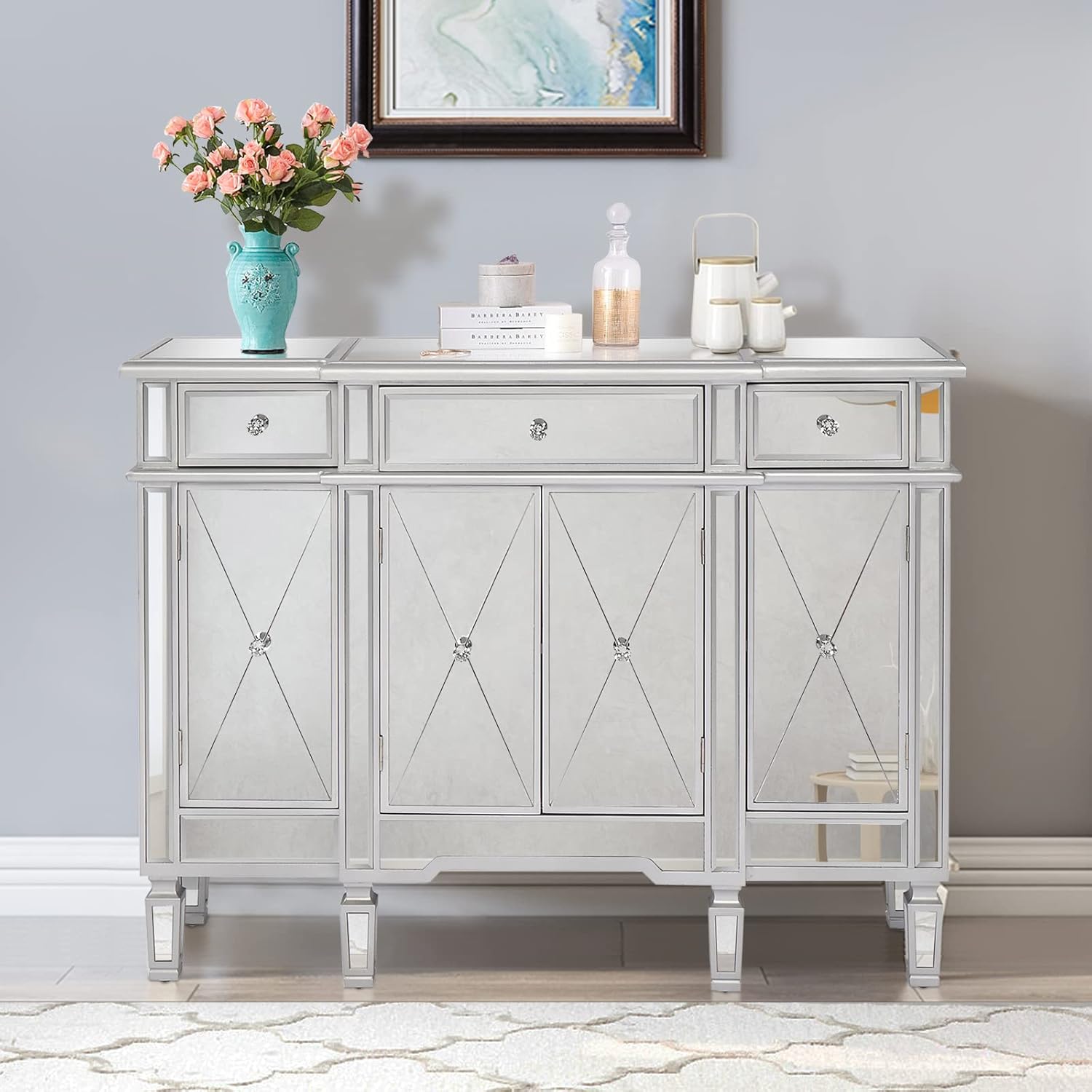 Mirrored Console Table Sideboard with 3 Drawers and Doors for Hallway and Living Room S324117