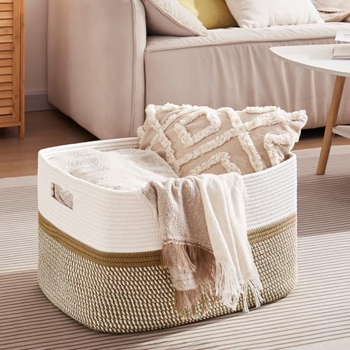 OIAHOMY Large Rectangle Woven Blanket Basket with Handle, Gradient Blue B58762