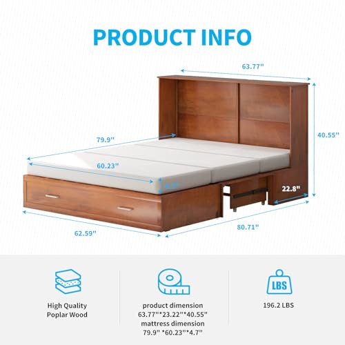 Mjkone Queen Murphy Bed with Tri-Fold Mattress, Charging Station and Storage Drawers, Cherry O58055
