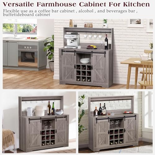 Coffee Bar Cabinet with Storage, Farmhouse Buffet Sideboard, Grey P7089