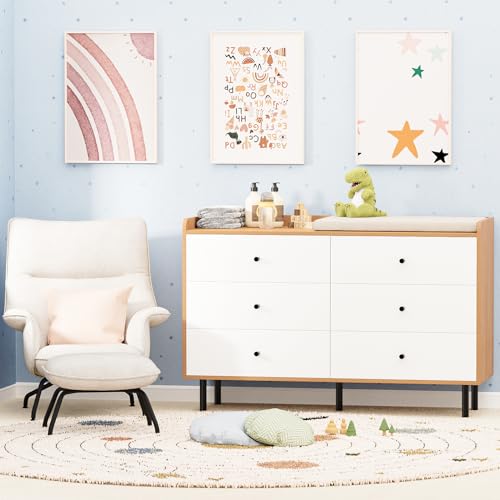 White Nursery Dresser with 6 Drawers, Modern Wood, Black Knobs G330