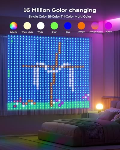 Brightown RGBIC LED Smart Curtain Fairy Lights, 6.6x6.6ft, IP65 Waterproof with Remote A83998
