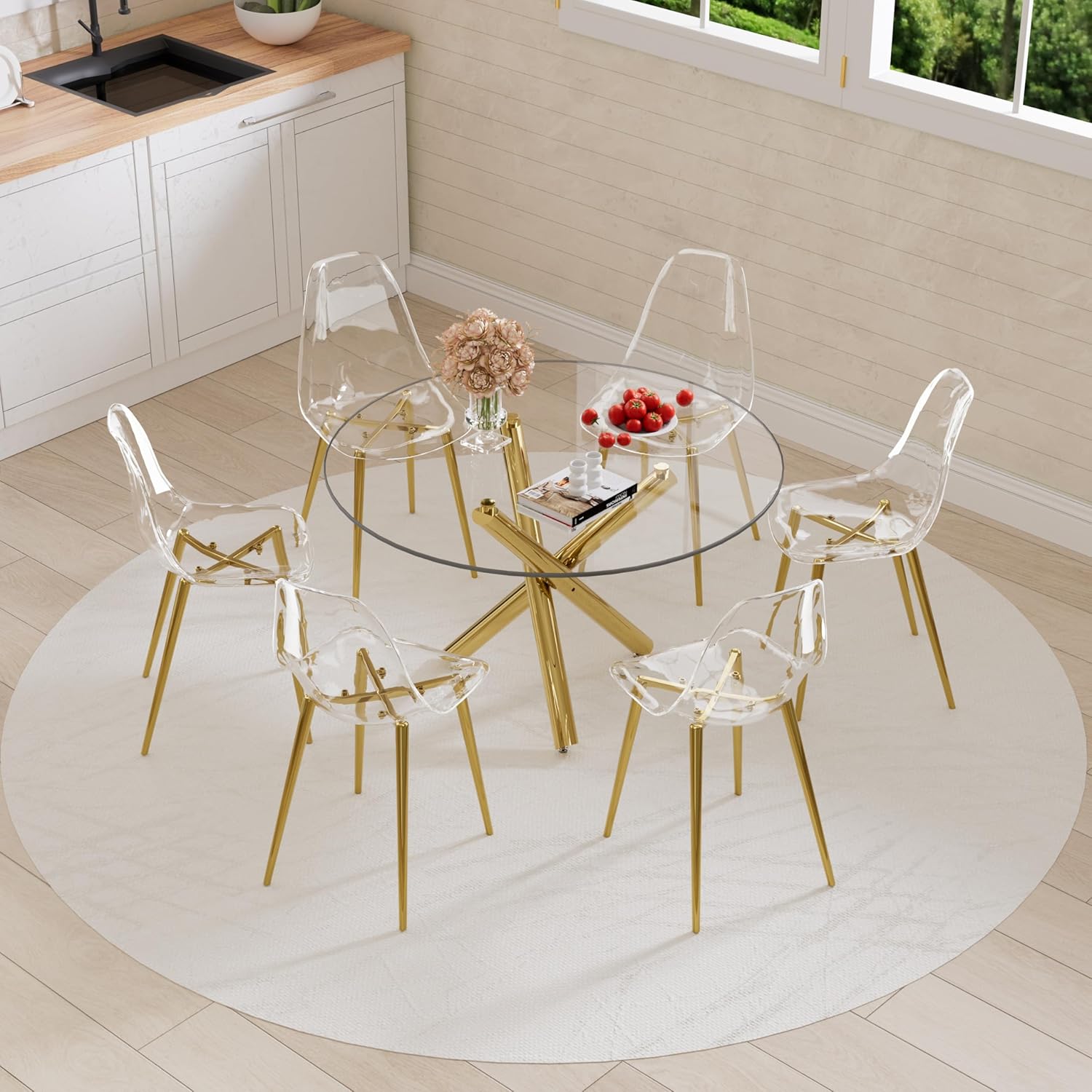 Baysitone Gold Round Glass Dining Table Set for 6 with Clear Acrylic Chairs W1878