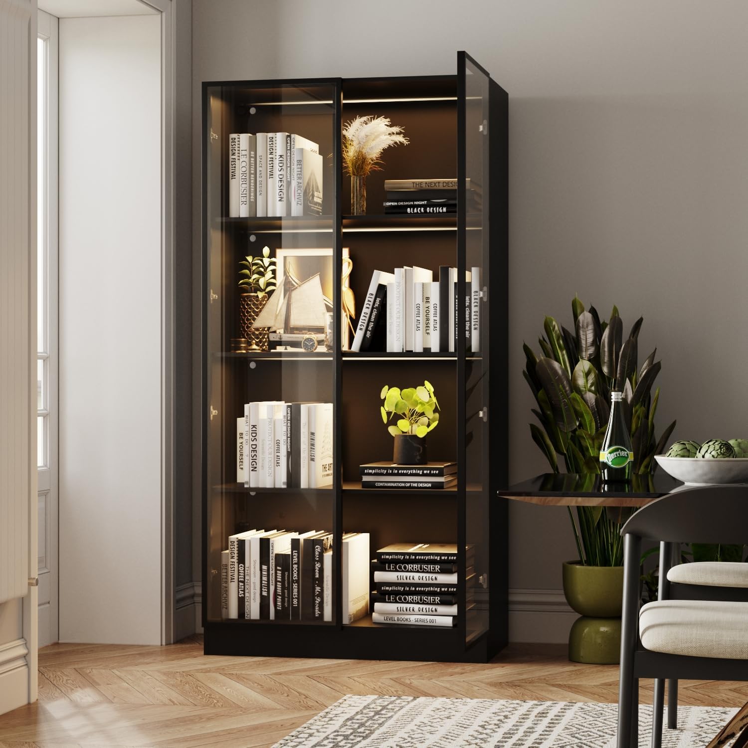 Black Display Cabinet with Glass Doors and Lights, 4-Tier C4875