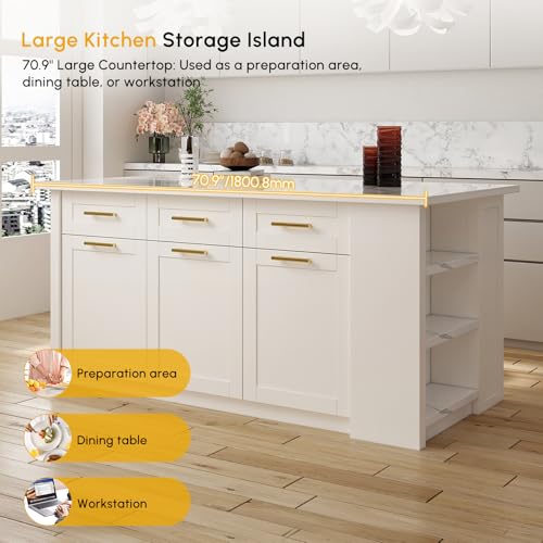 homary 72" Kitchen Island with Storage, White Dining Table with Seating & 3 Drawers H6352