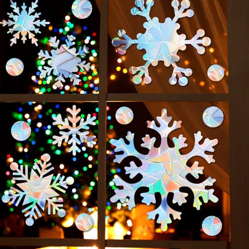 76 Pcs Extra Large Snowflake Window Clings 9.8 Inch Winter Iridescent Window Sticker F152713