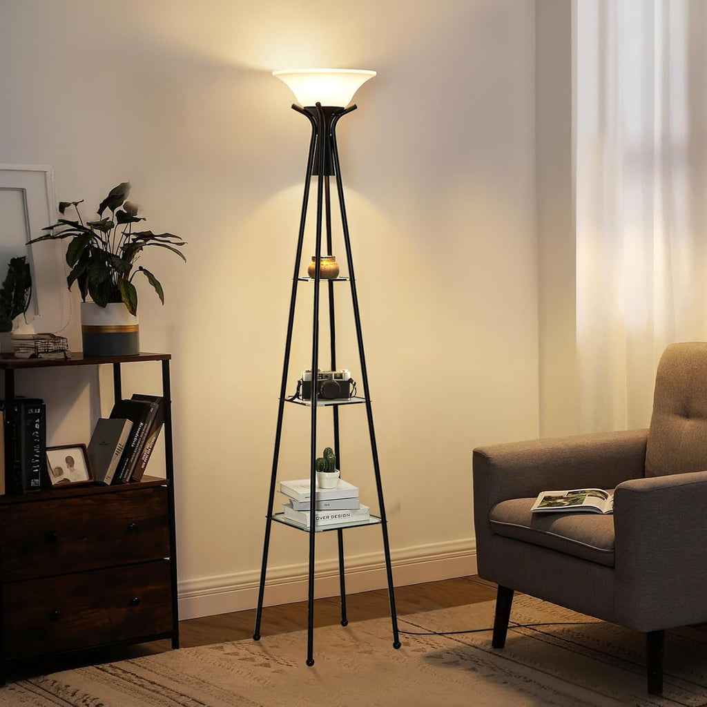 Luvkczc Floor Lamp with Shelves, 69” Tall Shelf Lamp with Glass Shade, 3-Tier Modern Glass Shelf Floor Lamp, Floor Lamps for Living Room, Bedroom, Home Office, Standing Lamp with 8W Bulb, Black