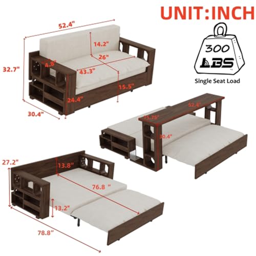 3 in 1 Convertible Sleeper Sofa Bed Loveseat with Pull Out Bed, Velvet, Beige X129463