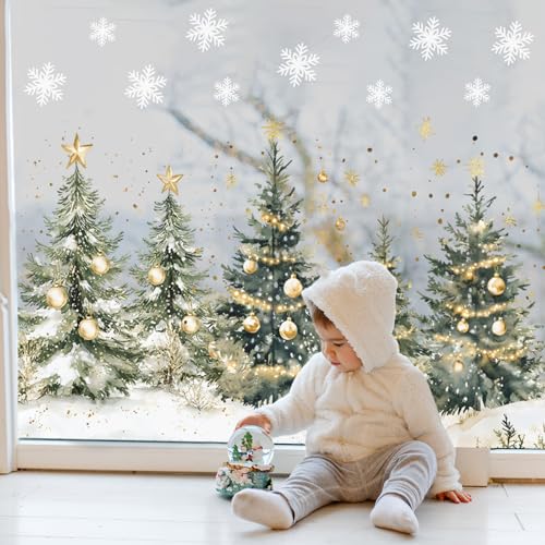 Whaline 9 Sheet Christmas Window Clings Snowy Forest Trees Reusable Window Decals H27510