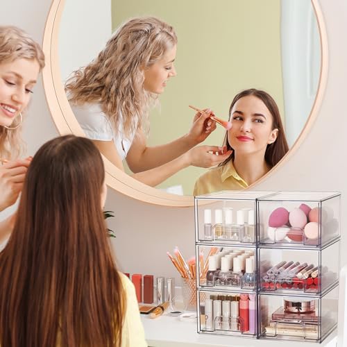 Vtopmart 4 Pack Clear Stackable Storage Drawers for Bathroom Makeup Organizer D5159