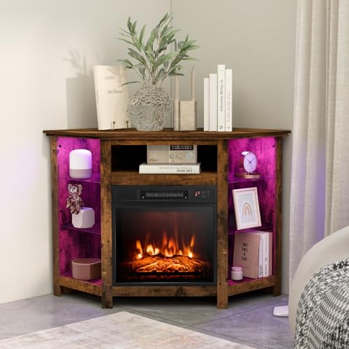 Fireplace Corner TV Stand for 50 Inch TV with LED Lights, Rustic Brown F48207
