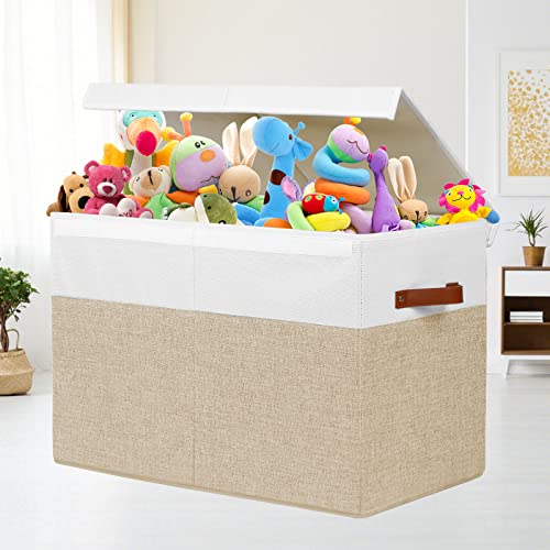 Large Toy Storage Box with Lid and Dividers for Kids, Beige and White X95078