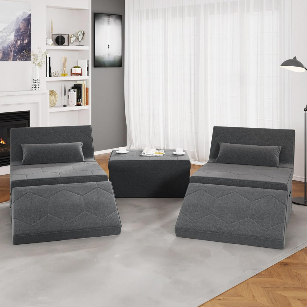 4 in 1 Sleeper Chair Convertible Sofa Bed with Ottoman, Dark Grey W57436