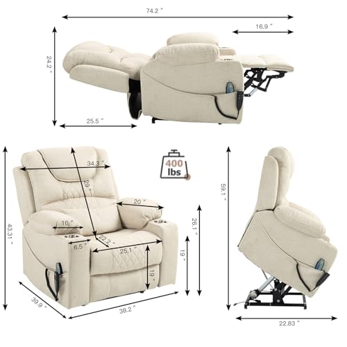 Lift Chair Recliner with Massage and Heat, Heavy Duty for Seniors, Brown V12888
