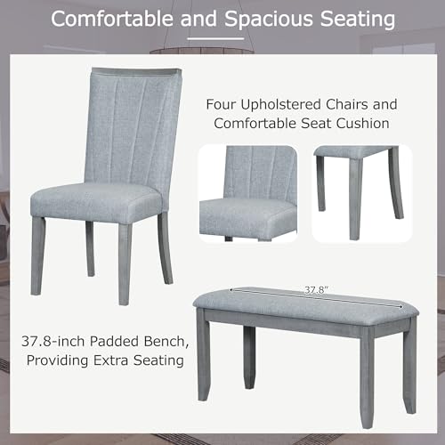 Merax 6-Piece Dining Table Set with 4 Upholstered Chairs & Bench, Extendable Farmhouse Kitchen Furniture X452316